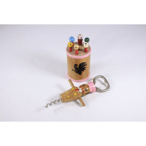 Vintage 1950s pink wooden bartender lady bottle opener and patrons toothpick - Picture 3 of 10